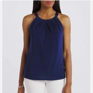 FORTUNE + IVY Stitch Fix Overa Pleat Neck Knit Top in Navy